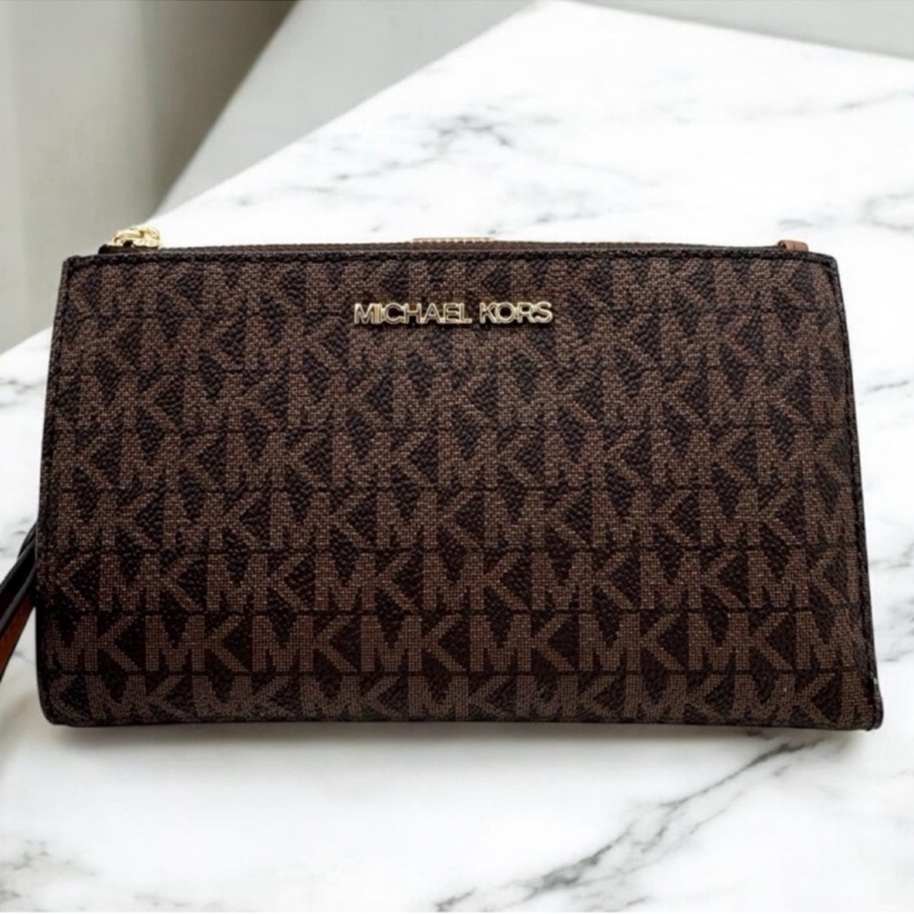 Michael Kors Large Jet Set Travel Double Zip Wallet Brown/Gold - Picture 2 of 8